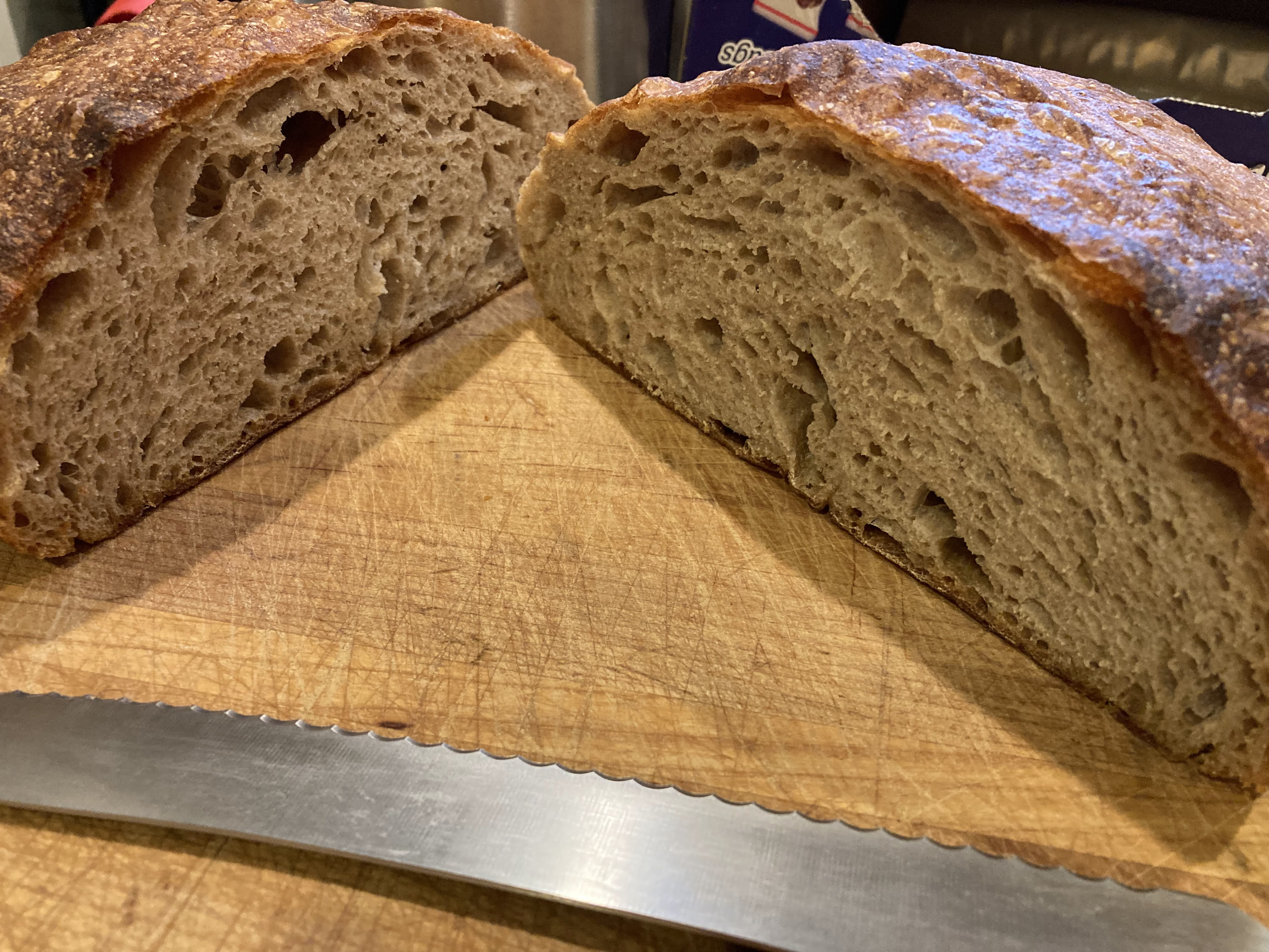 Loaf of bread cut in half.